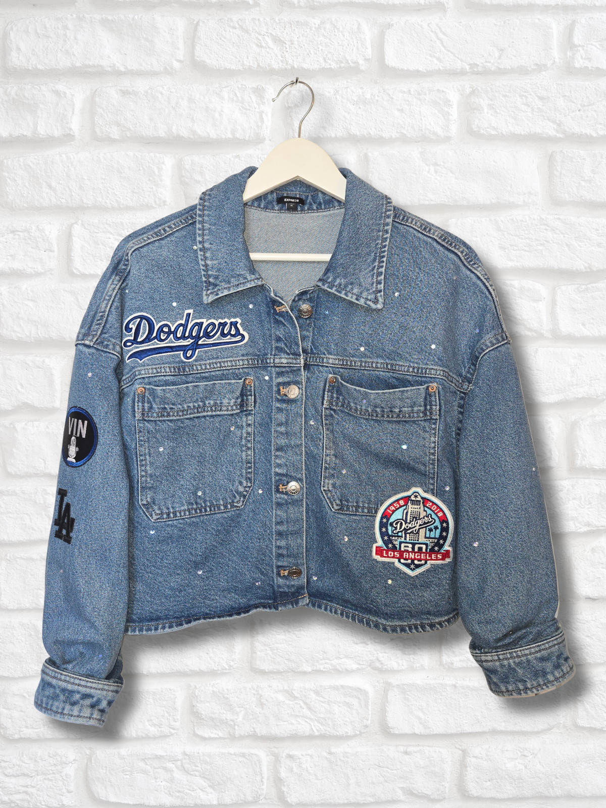 Los Angeles Dodgers Rhinestone Crop Denim Jacket- XL