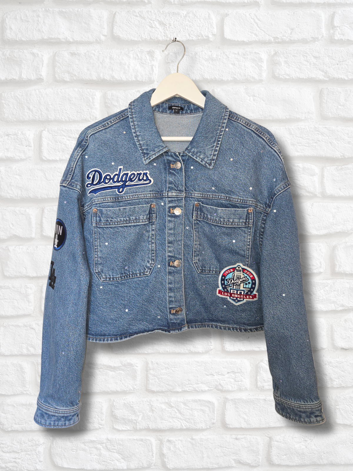 Los Angeles Dodgers Rhinestone Crop Denim Jacket- XL