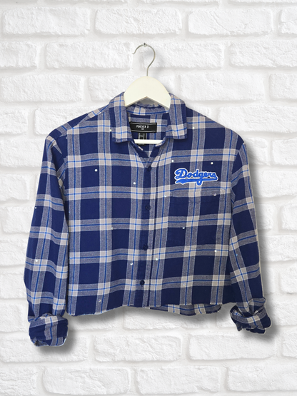 Los Angeles Dodgers Rhinestone Crop Flannel - Small