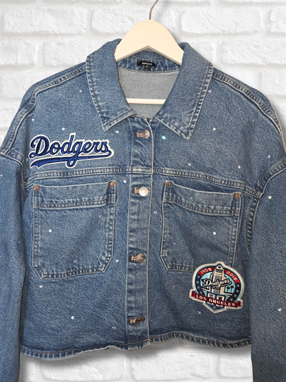 Los Angeles Dodgers Rhinestone Crop Denim Jacket- XL