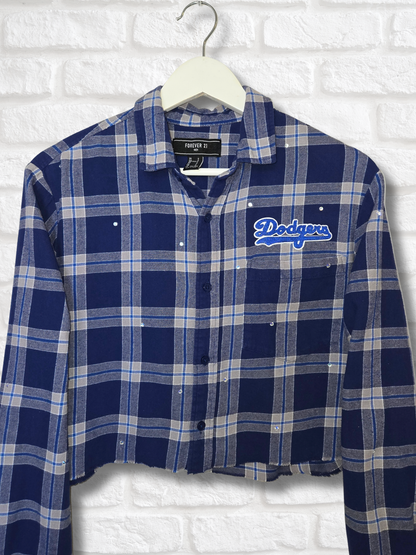 Los Angeles Dodgers Rhinestone Crop Flannel - Small