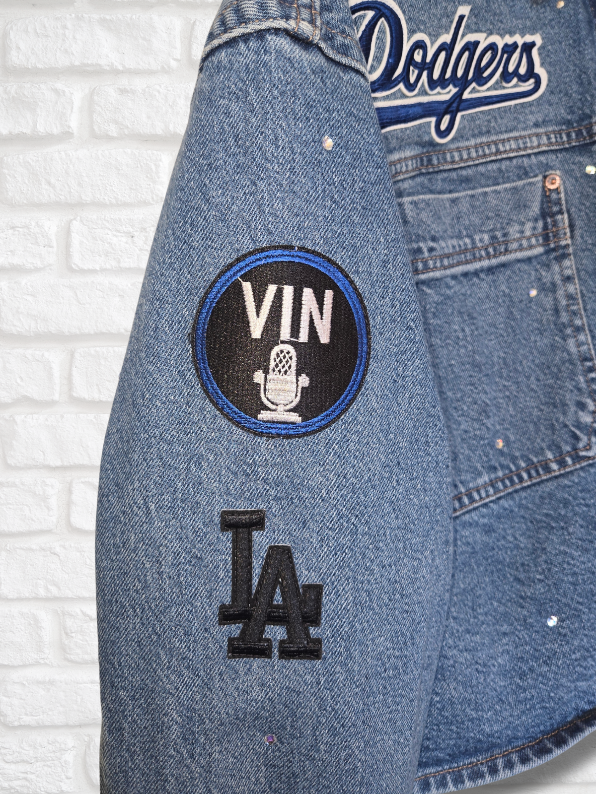 Los Angeles Dodgers Rhinestone Crop Denim Jacket- XL